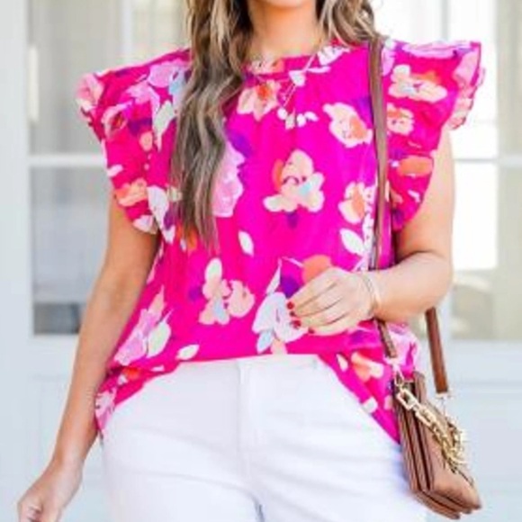 ODDY Tops - Oddy Pink Flutter Sleeve Floral Blouse